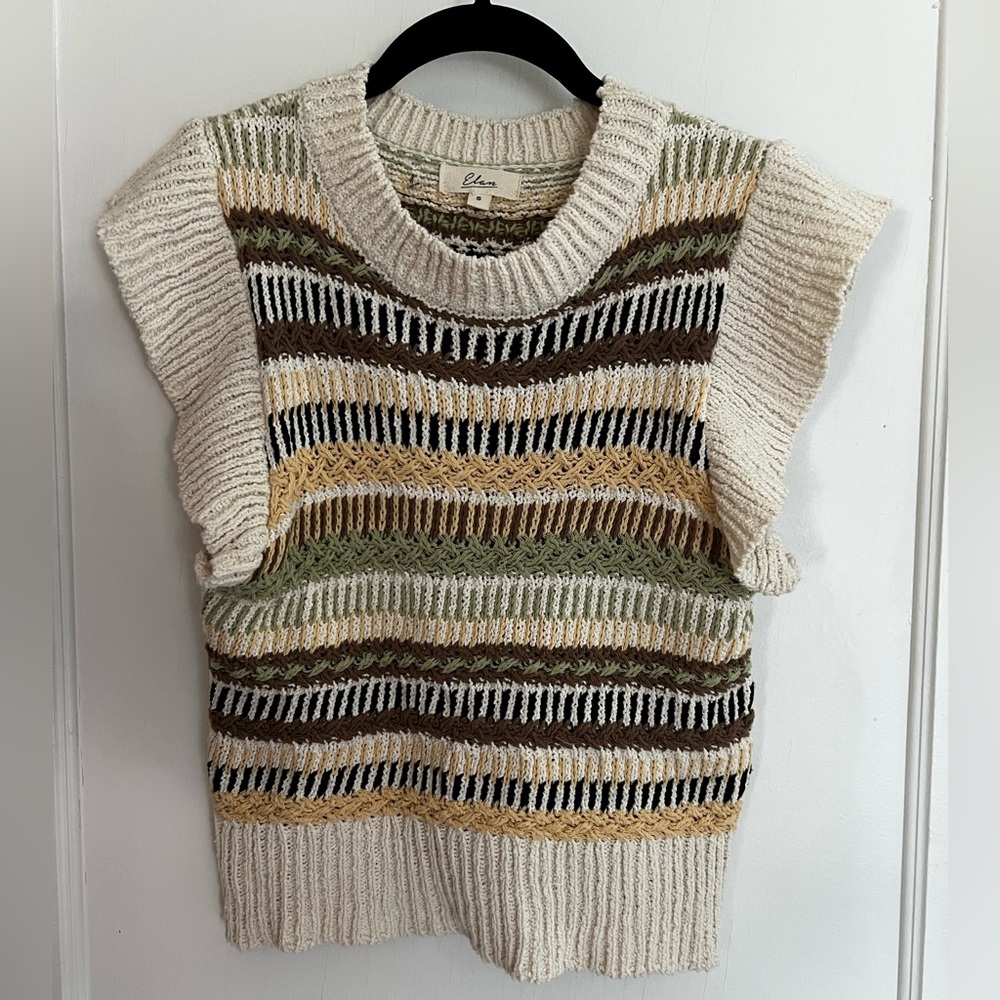 Elan Cream Striped Knit Scoop-Neck Sweater Vest with Olive & Mustard